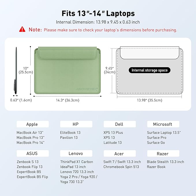 AboveTEK Laptop Sleeve Case for 13-14 inch MacBook Air/Pro, Slim Laptop Case with Stand, Ergonomic Wrist Rest & Mouse Pad, Waterproof Anti-Scratch Leather Bag for 13-14 Surface HP (Sage Green)