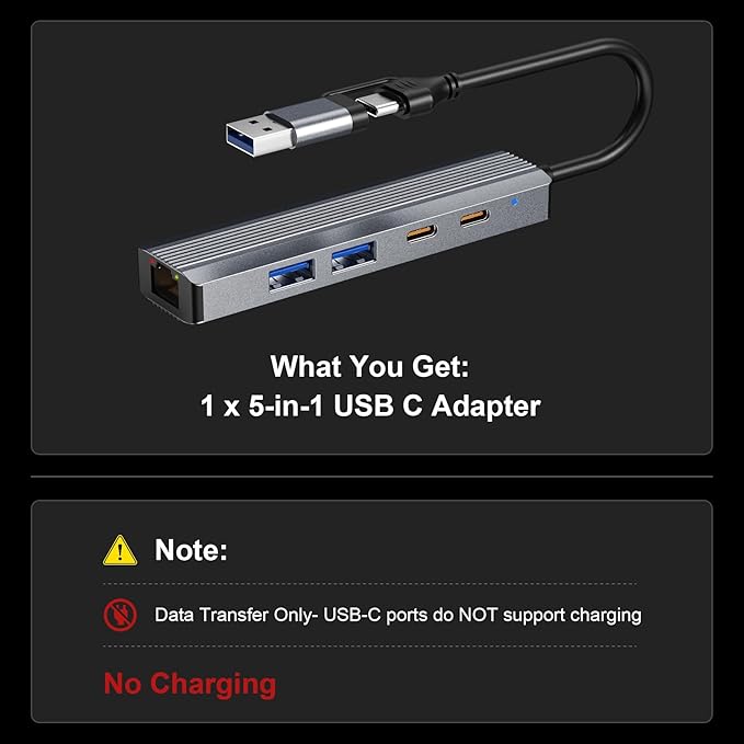 5-in-1 USB C Hub Adapter with Gigabit Ethernet, 2X USB 3.0 Ports, 2X USB C Data Ports, for Windows MacOS Linux Computers and Laptops