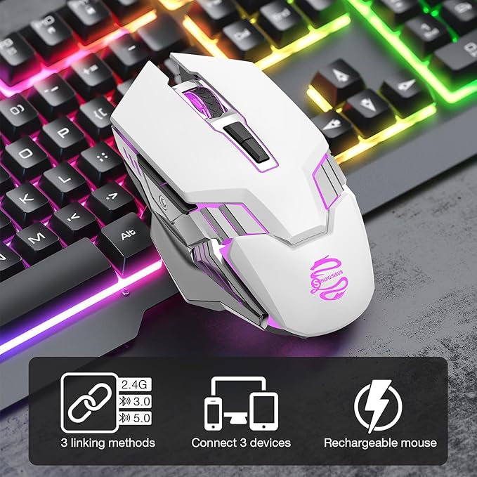 White Wireless Gaming Mouse Bluetooth Mouse with 3-Modes(BT5.0+BT3.0+2.4GHz), Rechargeable, RGB Backlit, Silent Click Computer Mouse for Laptop, PC, Macbook, iPad, Tablet, Chromebook, Games, Office