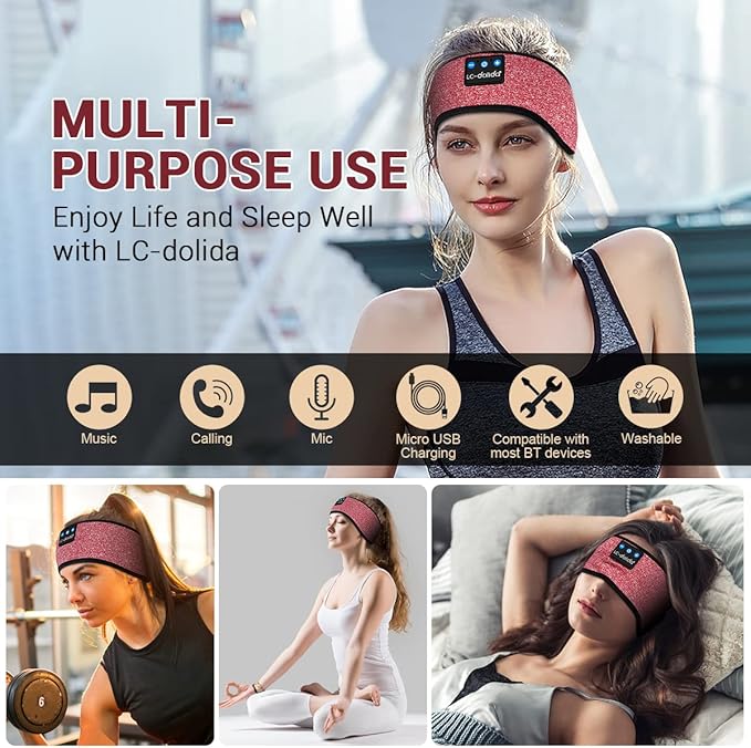 LC-dolida Sleep Headphones Bluetooth Headband Sleeping Wireless Headband Headphones with Thin HD Stereo Speakers Perfect for Side Sleepers, Sport, Yoga, Travel