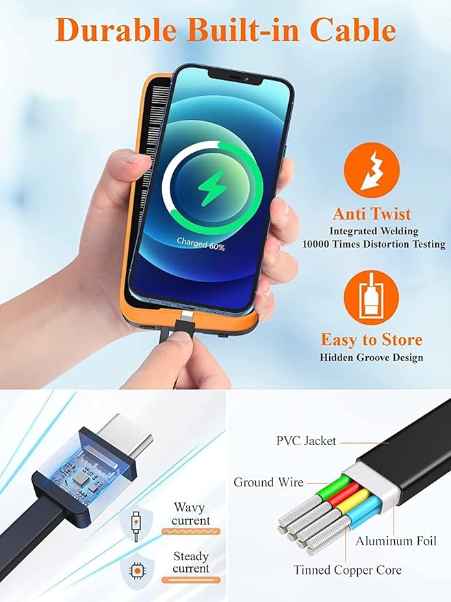 superallure Solar Charger Power Bank,Portable Charger,43800mAh Qc3.0 Fast Charger Qi 10W Wireless Charging Built-in 2 Kinds Output Cable and 680Lumen Bright flashlights