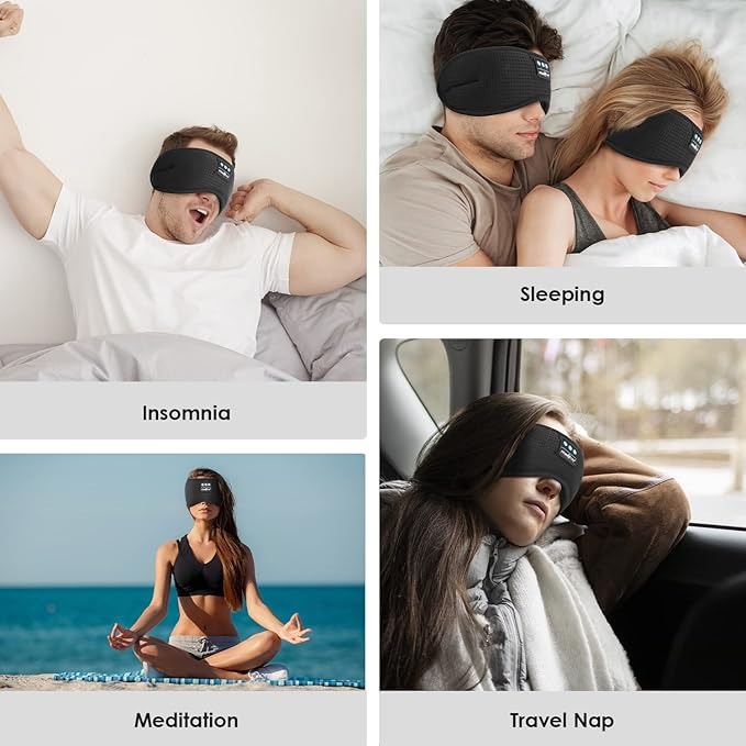 MUSICOZY Sleep Headphones, Bluetooth Sleeping Mask Headband Headphones Eye Mask, Wireless Music Earbuds Earphones with HD Ultra-Thin Stereo Speakers for Side Sleepers Men Women