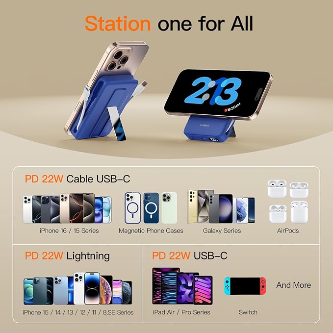 2025 Magnetic Battery Pack 16800mAh Mobile Power Bank, Portable Charger with Foldable Stand and Built-in Cable, 20W USB-C Fast Charging, Suitable for iPhone 17/16/15/14/13/12 Series