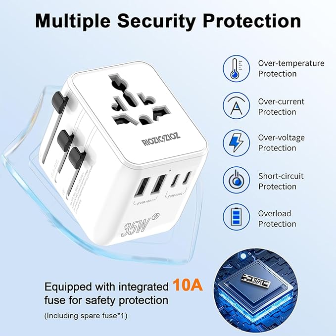 GaN III Universal Travel Adapter, 35W PD Charging with 7 Ports, Worldwide Plug for EU/US/UK/AU/JP, Portable Charger for Business and Vacation Travel