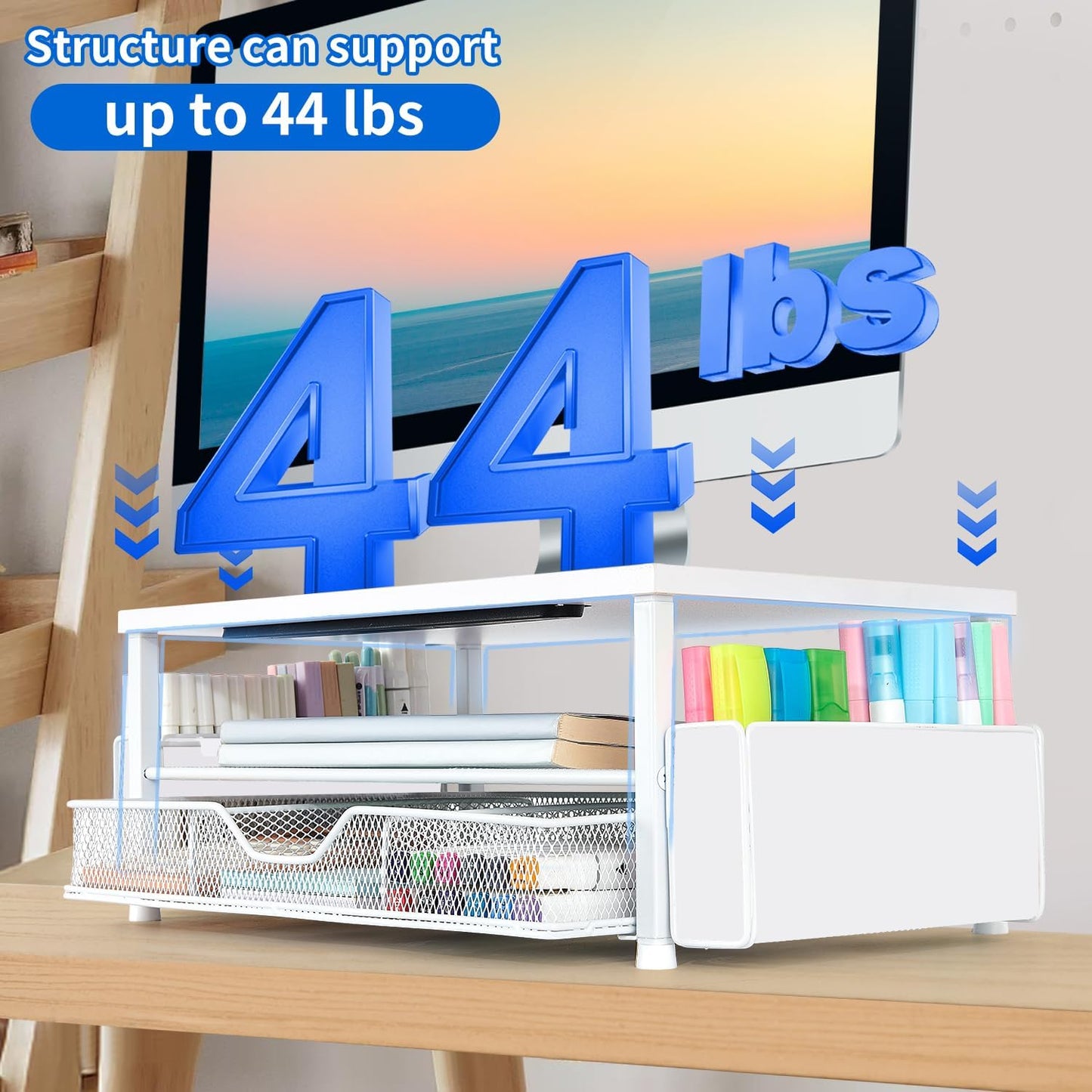 AUPSEN White Monitor Stand Riser, 2-Tier Wood Computer Desk Organizer with Drawer, Pen Storage & Phone Holder, Office Desk Accessories Desktop Organizer for Office Supplies