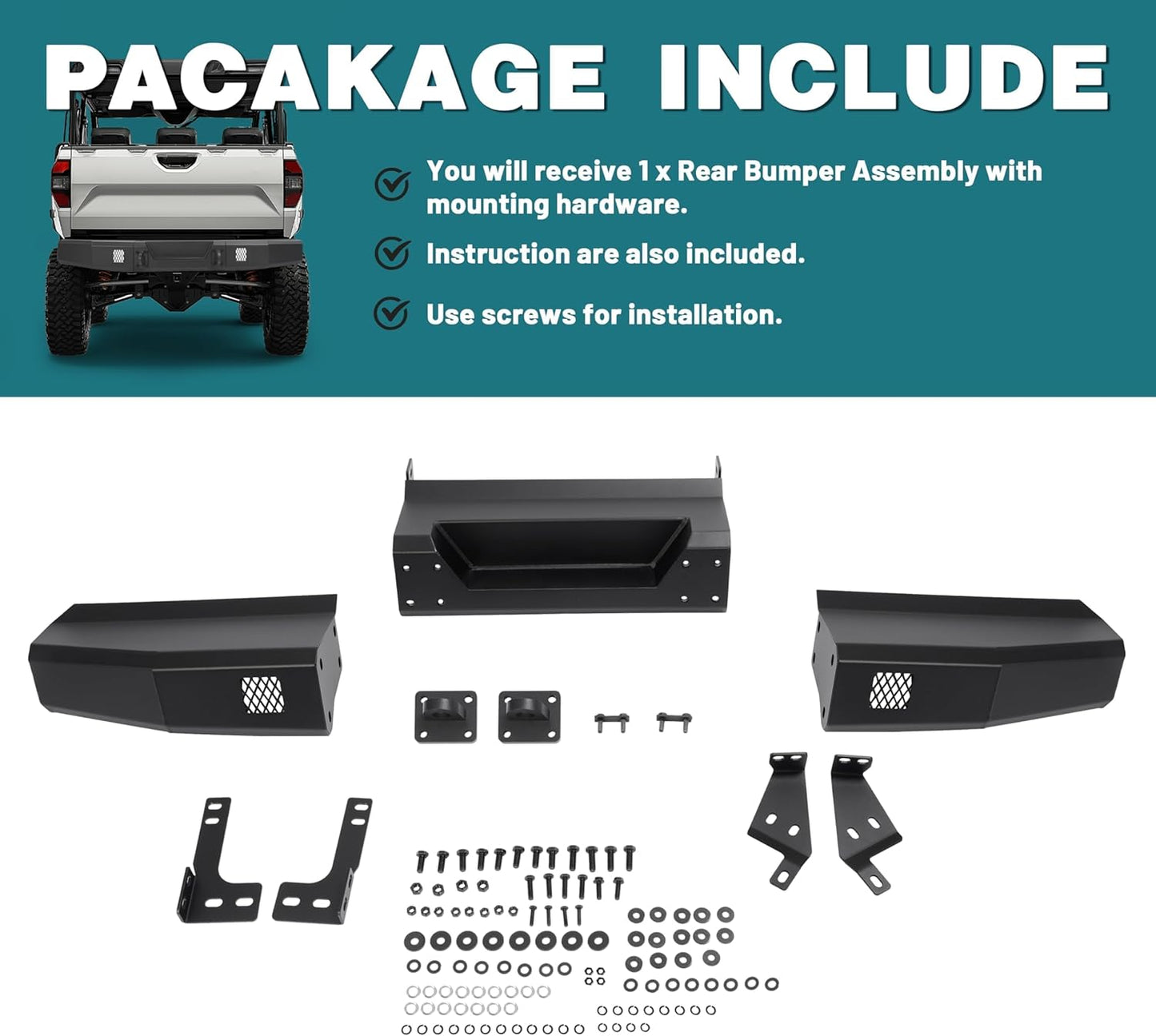 Rear Bumper W/D-Ring Base Heavy Duty Compatible with Polaris Ranger 1000/XP 1000/Crew 1000 2018-2025 Pre-drilled for Lights Protect Rear End Power Coated