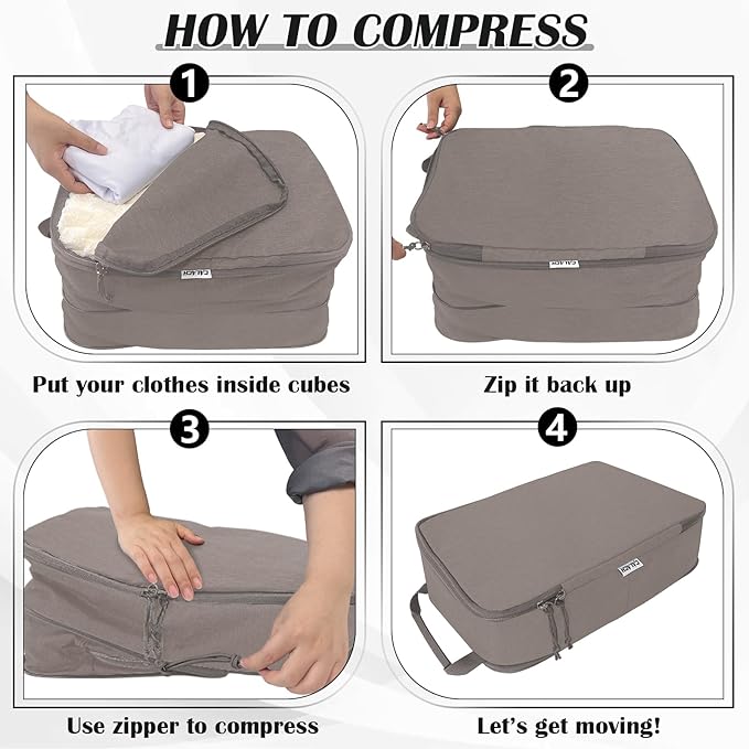 Extra Large Compression Packing Cubes for Travel Essentials, 2 Set Expandable Travel Cubes for Packing Compression Bags Luggage Suitcase Organizer, Khaki