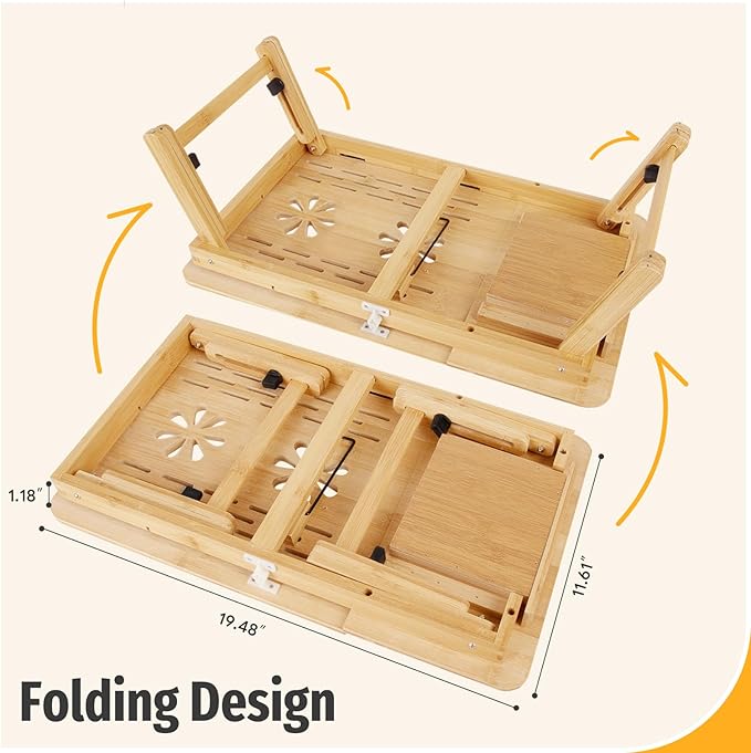 Bamboo Laptop Desk, Folding Adjustable Lap Tray Table with Drawer, Portable Lap Desk for Working, Reading, Breakfast on Sofa, Couch, or Floor