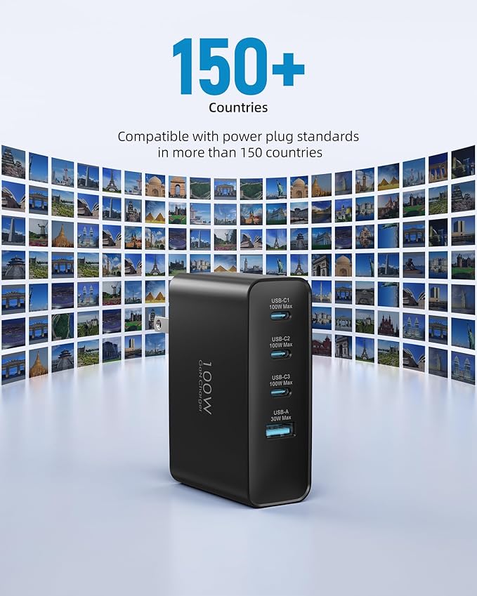 100W USB C Travel Charger, 4-Ports Foldable Travel Adapter Plug Converter with UK/EU/AU Plugs, Fast Charging for MacBook Pro/Air, iPad Pro, iPhone 15/14 Pro Max, for 45w Samsung Galaxy, Black