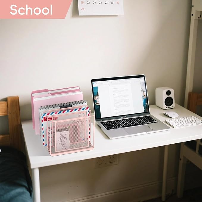 File Organizer for Desk, 5-Section Vertical File Sorter, Paper Holder Organizer Standing Metal File Folder for Office Home Classroom, Pink