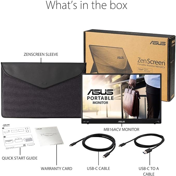 ASUS ZenScreen 15.6” 1080P Portable Monitor (MB16ACV) - Full HD, IPS, Eye Care, Flicker Free, Blue Light Filter, Kickstand, USB-C Power Delivery, for Laptop, PC, Phone, Console