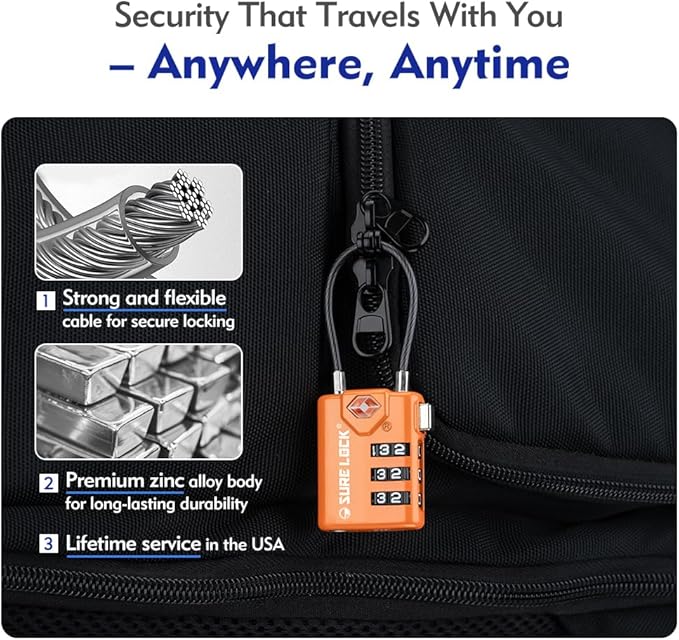 SURE LOCK TSA Compatible Travel Luggage Locks, Inspection Indicator, Easy Read Dials TSA Approved with Zinc Alloy Orange 4 Pack