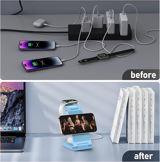 Magnetic Wireless Charger Stand, 3 in 1 Foldable Wireless Charging Station, Travel Charger for Multiple Devices for iPhone 16 15 14 13 12 Series, Apple Watch Ultra/SE/9/8/7/6/5/4/3/2, AirPods