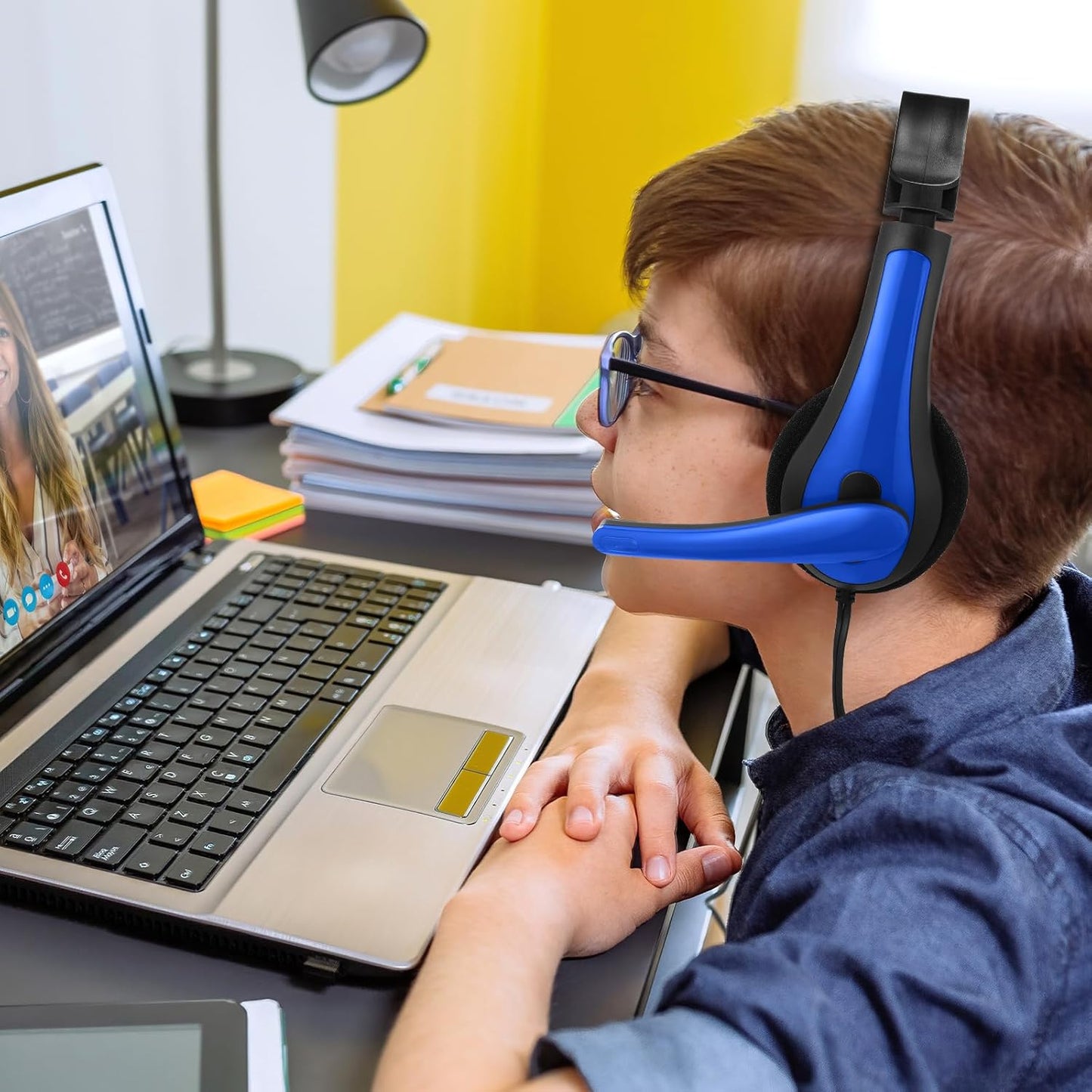 Yunsailing 20 Pack Bulk Classroom Headphones with Microphone Students Kids Wired School Class Set Headphones for School Library Computer Office Adults 3.5 Jack Universal Plug(Dark Blue)