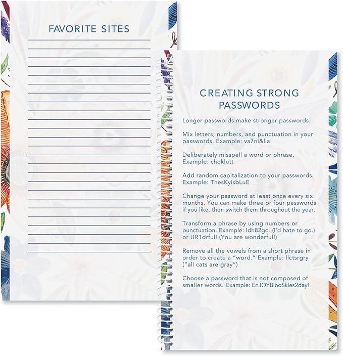 Current Embroidered Florals Password & PIN Keeper Book, 94 Pages, 5” x 8.5” Size Spiral Bound, Soft Cover Internet Organizer for Offline Website, Login, & Username Storage
