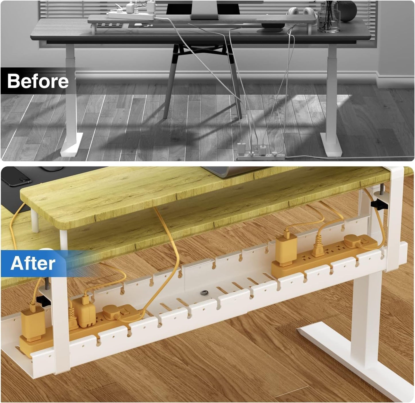 No Drilling Extendable Under Desk Cable Management, Metal Cable Management Tray Under Desk with Clamp, Retractable Power Strip Cord Holder for Wire Management 31Inch (1 Pack White)
