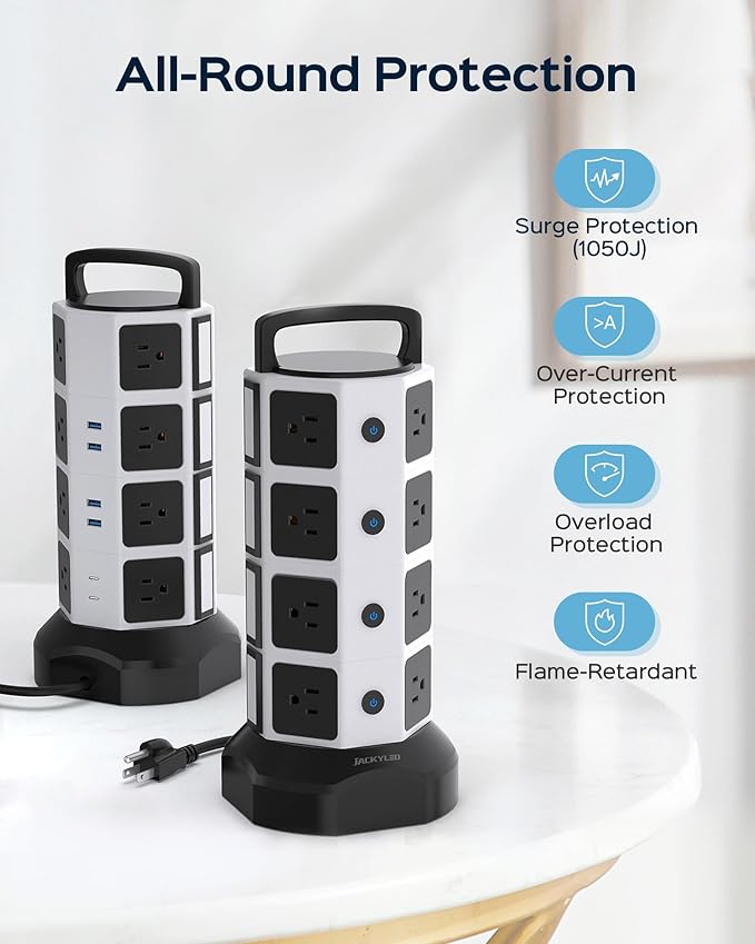 Power Strip Tower Surge Protector - JACKYLED 16 AC Outlets(13A) 6 USB Ports Electric Charging Station, 1050J Surge Electric Tower, 1625W Outlet Extender, 6.5ft Heavy Duty Extension Cord for Home