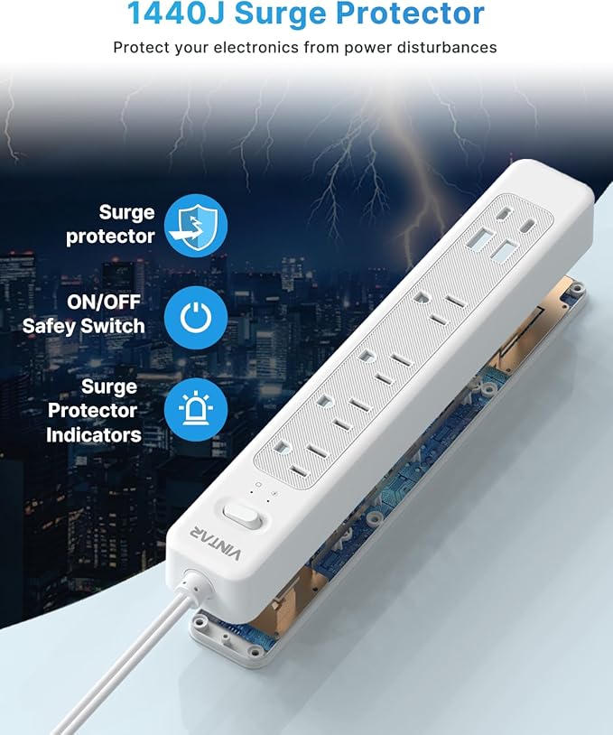 VINTAR 2 Prong GFCI Power Strip, 2 Prong to 3 Prong GFCI Plug Adapter, 10ft Extension Cord with 4 Outlets & 4 USB(2 USB-C), 1440J Surge Protector, Polarized Plug Wall Mount for Non-Grounded Outlet