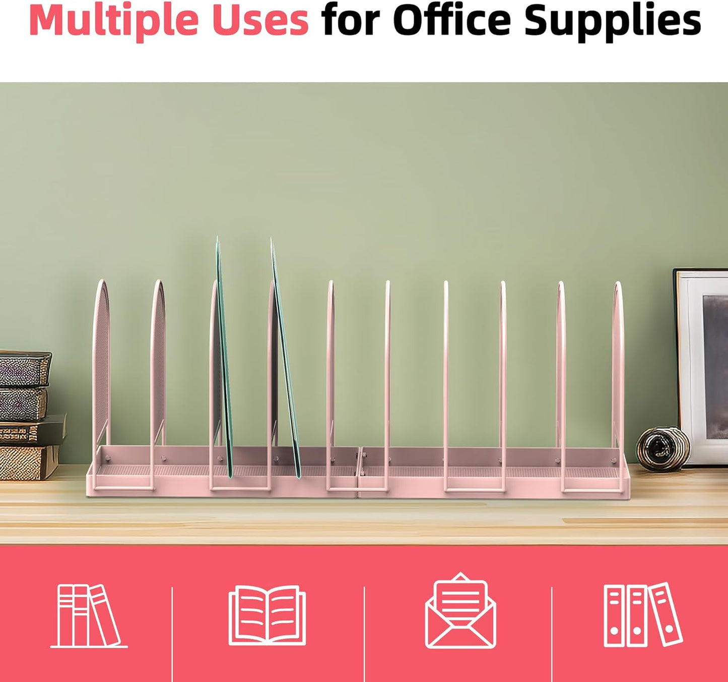 SUPEASY File Organizer 9-Section Mesh Desk Organizer, Upright File Organizer Desktop Organizer File Sorter, File Folder Holder for Office Supplies, Pink