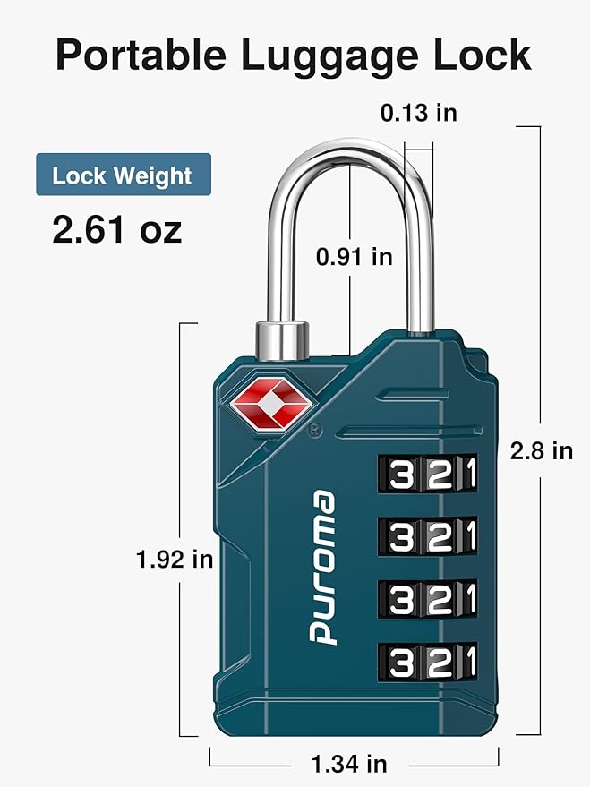 Puroma TSA Approved Luggage Locks, 2 Pack 4 Digit Resettable Travel Combination Code Lock with Zinc Alloy Body for Suitcase, Backpack, Laptop Bag, Gym Locker, Toolbox (Peacock Blue)