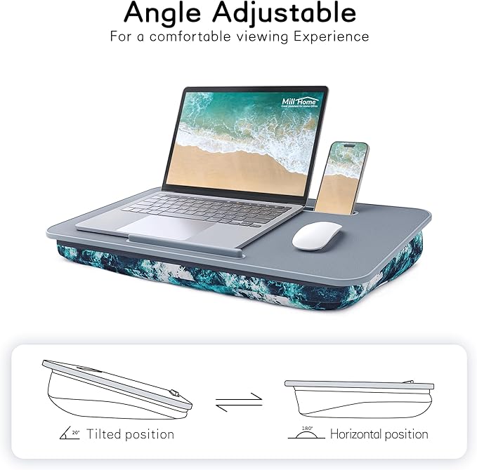 MillHome Blue Lap Desk with Cushion, Fits up to 17 inch Laptop, Tablet Slot and Stopper