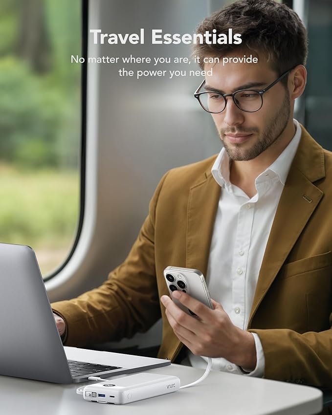 VRURC Portable Charger with Built in Cables 20000mAh, 22.5W Fast Charging USB C Power Bank,LED Display Charging Back with 4 Output 2 Input for iPhone 15/14/13/Pro,Samsung,Android-White(1 Pack)