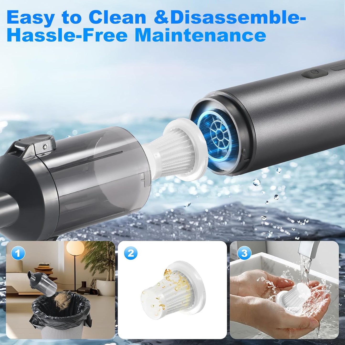 Mini Car Vacuum Cleaner, USB Charging, 4-in-1 Portable Handheld Cordless Vacuum Cleaner, 16,000pa Suction, 2 Suction Modes for Car, Home and Pet Hair