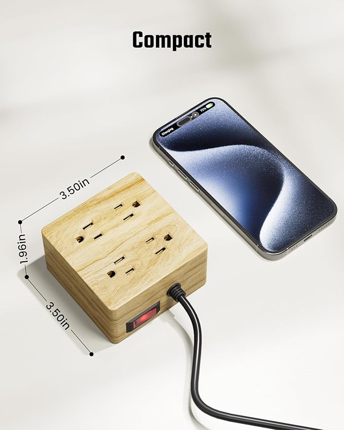 USB Power Strip Surge Protector - SUPERDANNY Desktop Extension Cord with 4 Widely Spaced Outlets & 4 Smart USB Ports, Portable Charging Station for Home, Office, Hotel, Dorm, RV, Faux Wood Grain