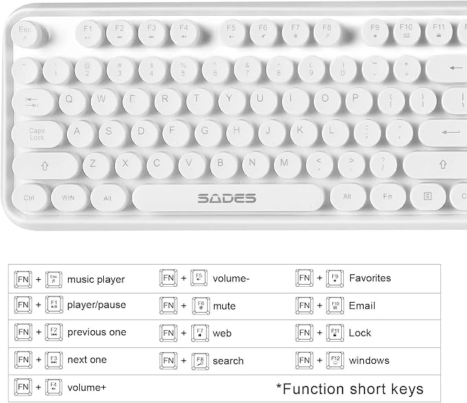 Wireless Keyboard Mouse Combo, 2.4GHz White Wireless Keyboard Typewriter, Letton Full Size Office Computer Retro Keyboard and Optical Cute Mouse with 3 DPI for Mac PC Desktop Laptop