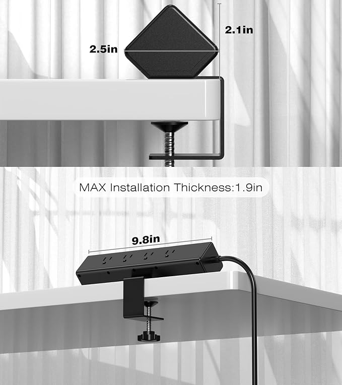 Desk Clamp Power Strip, 40W Total Fast Charging Station, Desk Edge Mount Power Strip, 8 USB Ports(4 USB C) & 8 AC Outlets, Fit 1.9" Tabletop Edge(6Ft 14AWG Cable)