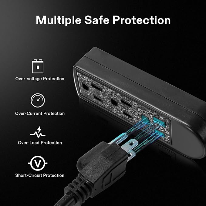 VIVOSUN 25 ft Extension Cord, 3-Outlet Power Strip with 1800W Surge Protection, 15A 14 AWG, Flat Heavy Duty Extender for Indoor Outdoor Use, Garden Home Office, Black