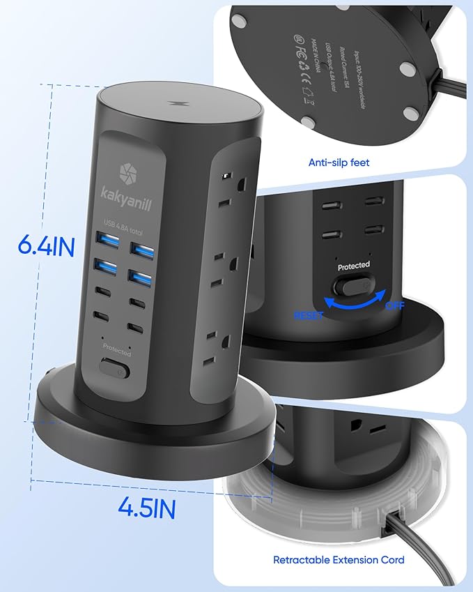 Power Strip Tower, kakyanill Surge Protector Tower 10 AC Outlets 8 USB (4 USB C), 6 Ft Retractable Extension Cord, Charging Station for Office Dorm Room, Black