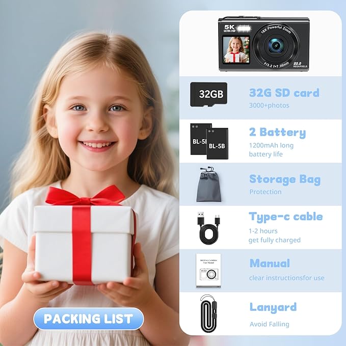 Dual Screen 5K Digital Camera for Vlogging with Fill Light - 80MP, 16X Zoom, WiFi, YouTube/Blogging, Includes 32GB Card & 2 Batteries (X9-Black)