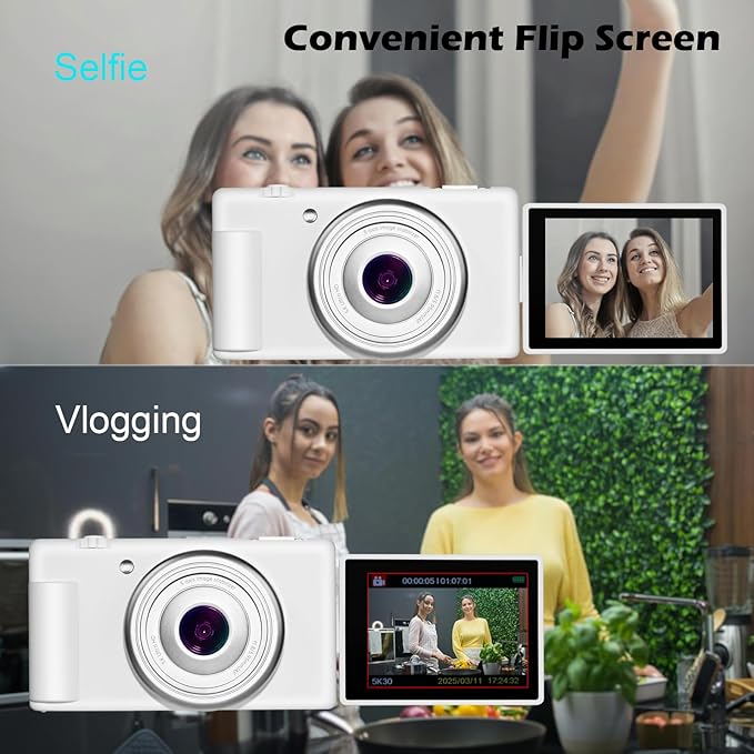 5K 4K Digital Camera with Flip Screen Flash, 80MP 18X Zoom Autofocus Compact Point and Shoot Digital Cameras for Teens, Beginners, Photography, Vlogging, Travel with 2 Batteries (White)