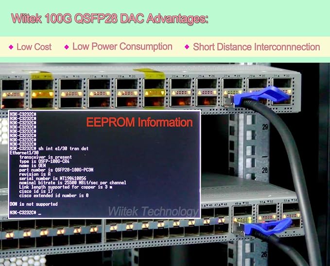 100GbE QSFP28 DAC Twinax Cable, 1 Meter 100GBASE-CR to QSFP28 Passive Copper Cable, Compatible for Mellanox MCP1600-C001, With Blue Pull Tab