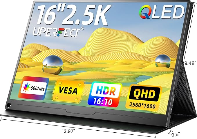 UPERFECT 2.5K QLED Portable Monitor, 16" 2560x1600 QHD Portable Gaming Monitor HDR FreeSync Laptop Monitor w/VESA & Smart Case Matte Eye Care External Second Screen for PC Laptop Phone Game Console