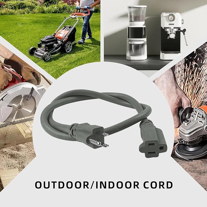 12ft Indoor Outdoor Extension Cord - 12/3 SJTW Heavy Duty Extension Cable with 3 Prong Grounded Plug for Safety -15Amp 1875W Gray Electric Cord Great for Garden, Appliances