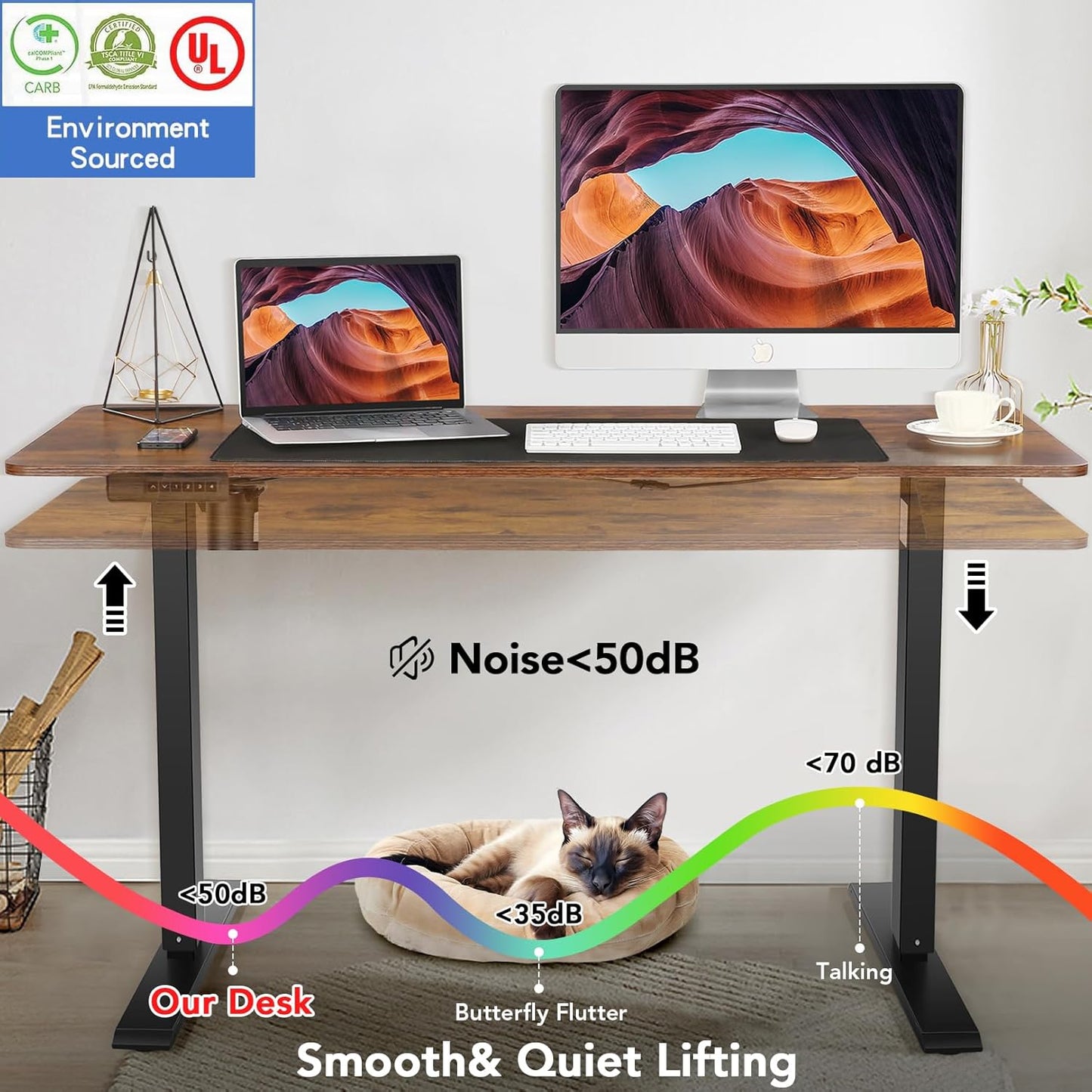 farexon Electric Standing Desk Adjustable Height, 48x 24 Inches Sit Stand Up Computer Desk with Double Metal Hook,4 Memory Preset Heights, 27''-46'' Lifting Range for Home/Office(Brown)