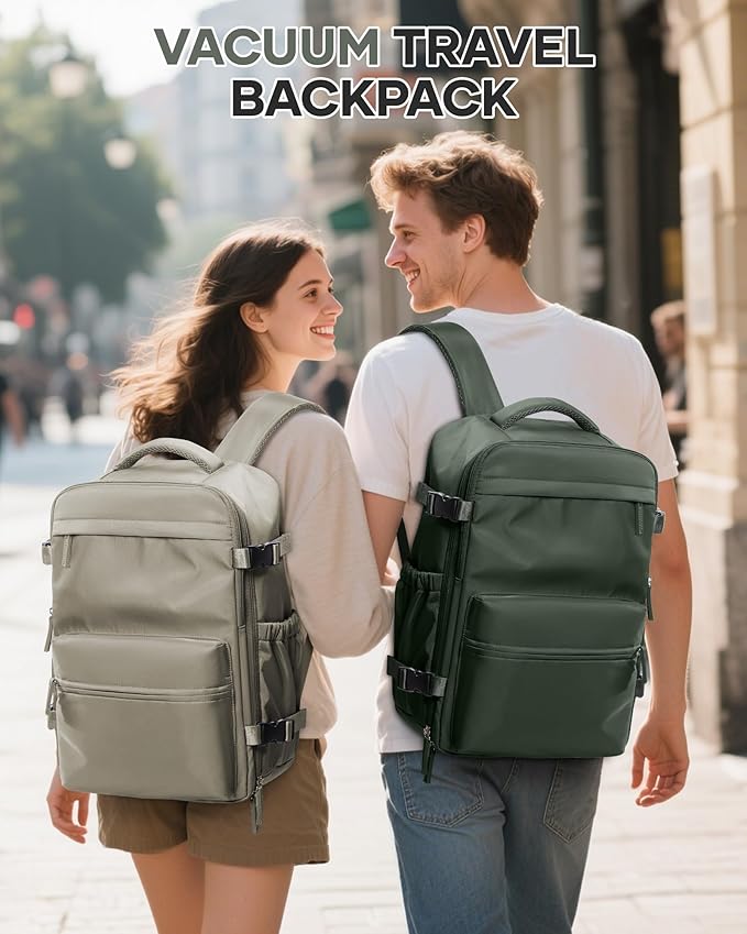Vacuum Travel Backpack with Pump for Women,Personal Item Carry on Backpacks Flight Approved 18x14x8 inches for Men,Laptop Waterproof Work Compression bags Casual Daypack Green.
