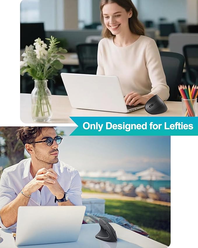 Lekvey Left Handed Ergonomic Mouse, Vertical Wireless Mouse for Left Hand, 2.4G USB Carpal Tunnel Lefty Mouse, 3 Adjustable DPI, 6 Buttons, for Laptop, PC, Computer, Mac, Windows, Desktop - Black