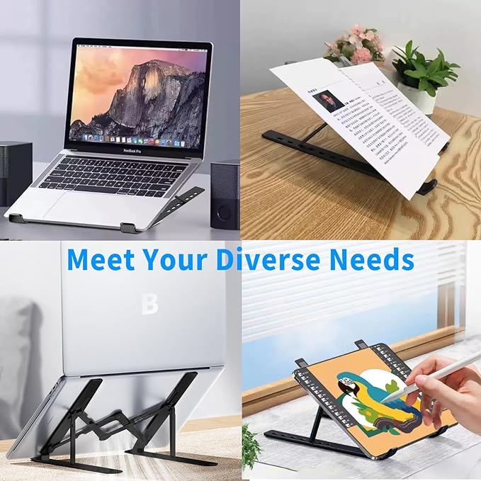 Laptop Stand for Desk, Ergonomic Design Adjustable Aluminum Foldable Portable Computer Stand, Compatible with MacBook Air Pro, HP, Lenovo, Dell, More 10-15.6”Inch and Tablets (Black)