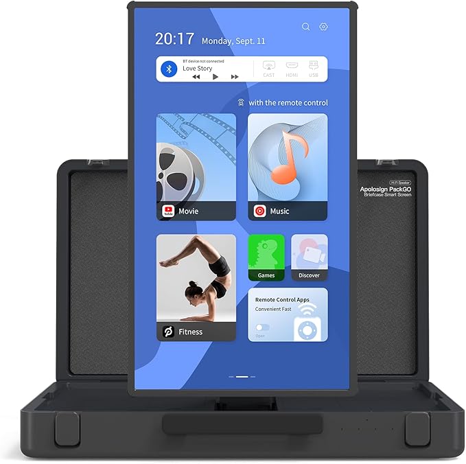 apolosign packgo 27-Inch Portable Entertainment System, Compact Suitcase Design Smart TV, Android OS, Bluetooth 3D Speakers, Built-in Battery 6H, Briefcase Screen Perfect for Travel & Parties (Gray)