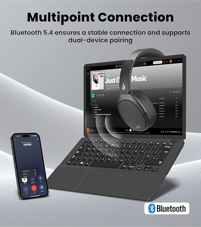 Edifier W80 Over Ear Headphones with -49dB Active Noise Cancelling, LDAC Hi-Res Wired & Wireless, AI Clear Call, Fast Charging, Multipoint Connection, Bluetooth V5.4 - Black