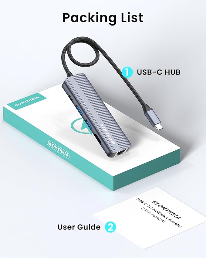 USB C Hub Ethernet HDMI Multiport Adapter for MacBook Pro/Air, iPad, Laptop Dock with 5Gbps USB A/C, 1Gbps RJ45 Gigabit Ethernet, 4K 30Hz HDMI, 100W Pass Through Charging