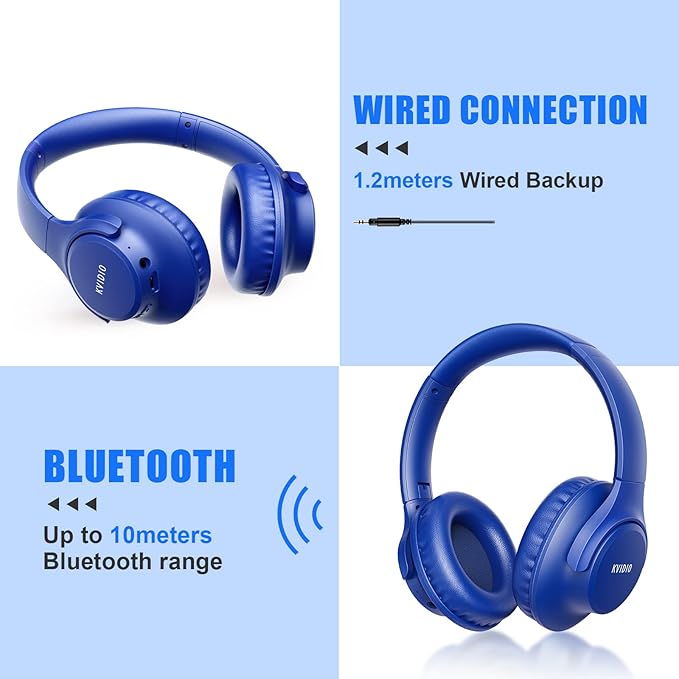 KVIDIO Bluetooth Headphones Over Ear, 65 Hours Playtime Wireless Headphones with Microphone, Foldable Lightweight Headset with Deep Bass, HiFi Stereo Sound Low Latency for Travel Work Cellphone