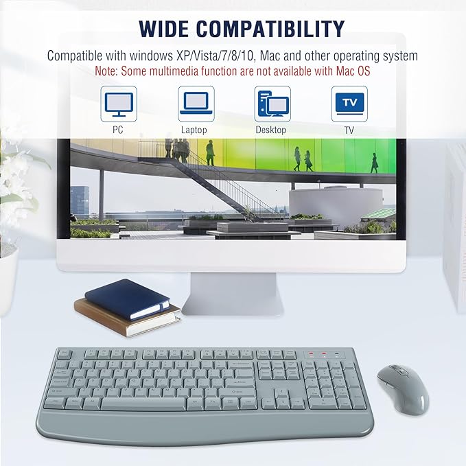 Wireless Keyboard and Mouse Combo, EDJO 2.4G Full-Sized Ergonomic Computer Keyboard with Wrist Rest and 3 Level DPI Adjustable Wireless Mouse for Windows, Mac OS Desktop/Laptop/PC(Grey)