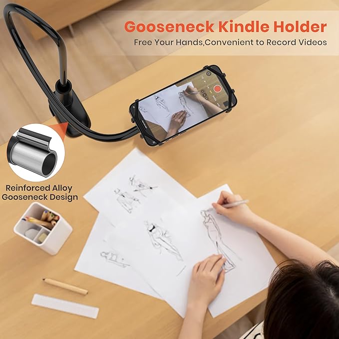 Gooseneck Kindle Holder for Reading in Bed, 360° Adjustable Cell Phone Stand for Desk, Flexible Lazy Arm Mount Clamp,Kindle Paperwhite Stand Accessories,Compatible with 4-8 Inches Device