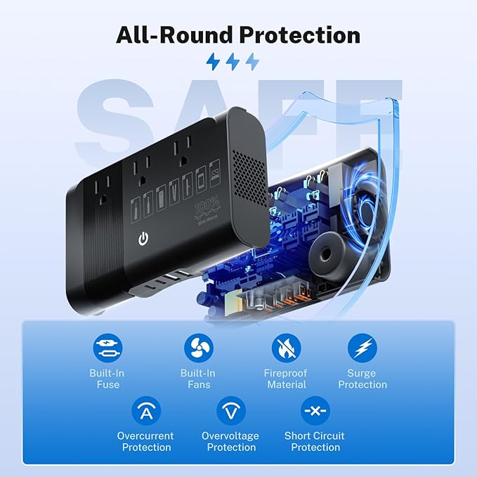 DOACE 500W Pure Sine Wave Voltage Converter, 220V to 110V European Travel Plug Adapter Converter, International Travel Transformer for US to Most Europe,UK, AU, EU, IT with 3 US Outlets & 4 USB, BLACK