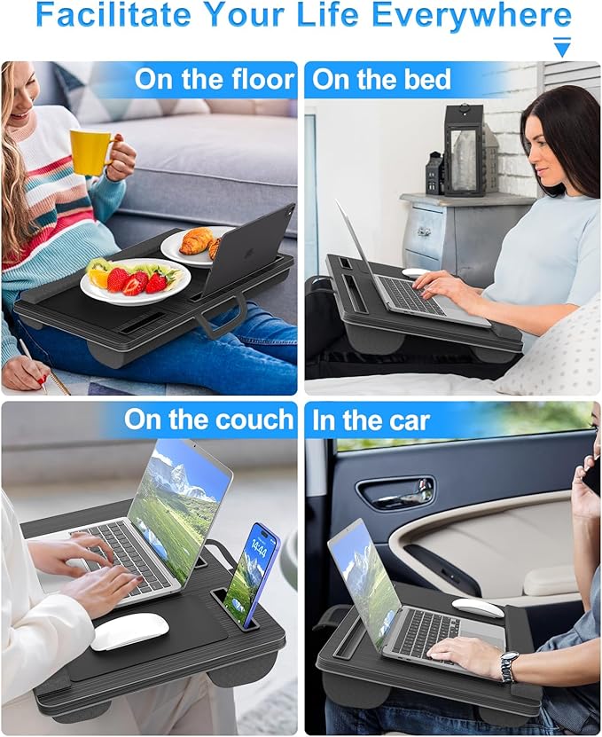 Laptop Lap Desk, Portable Large Laptop Desk for Bed, Up to 17 Inch Lap Pad Tray with Wrist Rest, Mouse Pad, Tablet Phone Slot, Portable Handle, Cushion (Black)