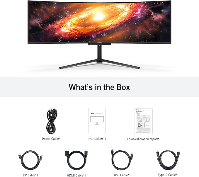 INNOCN 49" OLED Ultrawide Curved Gaming Monitor 5120 x 1440p 144Hz, 0.03ms, USB Type C 90W, HDMI 2.1, DisplayPort, USB Hub, Speakers, Adaptive-Sync, Adjustable Stand, Black